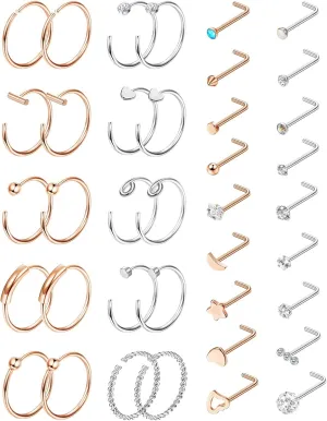 38-48Pcs 20G Nose Rings Stainless Steel Nose Rings Hoop Small Nose Piercing Jewelry L Shaped Corkscrew Nose Stud for Women Men Silver Rose Gold Black 6mm 8mm 10mm 12mm