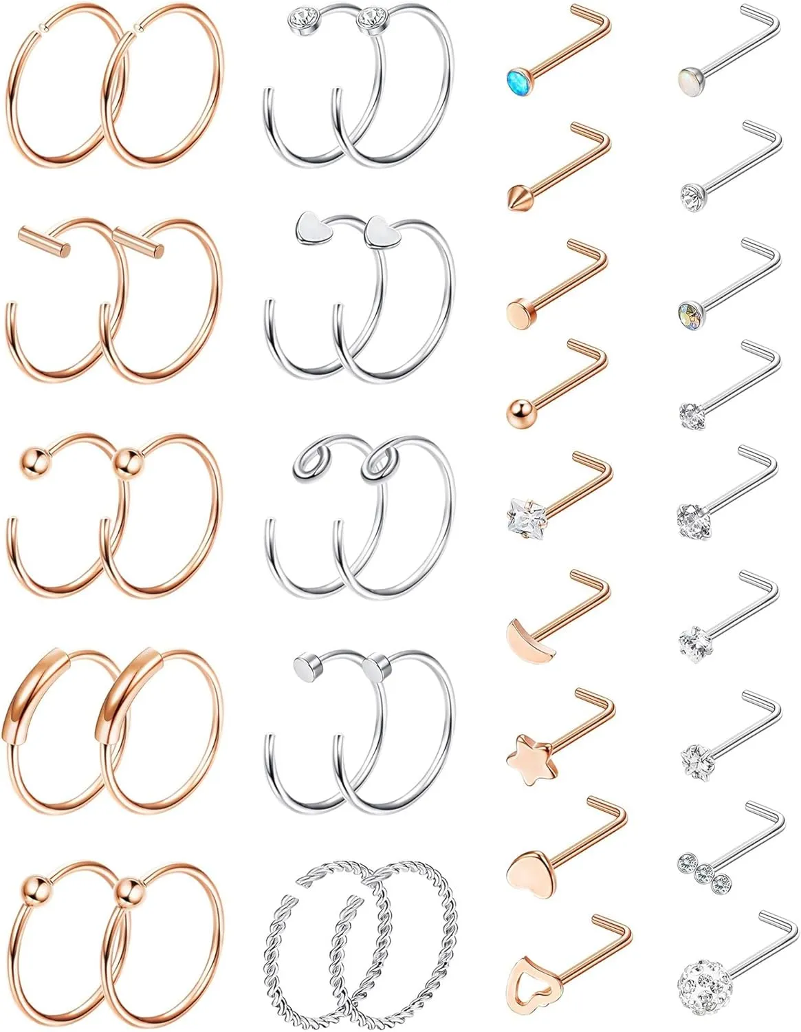 38-48Pcs 20G Nose Rings Stainless Steel Nose Rings Hoop Small Nose Piercing Jewelry L Shaped Corkscrew Nose Stud for Women Men Silver Rose Gold Black 6mm 8mm 10mm 12mm