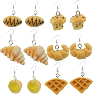 3D 6 Pairs Food Earrings Set for Women Creative Resin Simulation Bread cake Drop Earrings Handmade Funny Kawaii Chic Donut Statement Dangle Earrings Jewelry Gifts