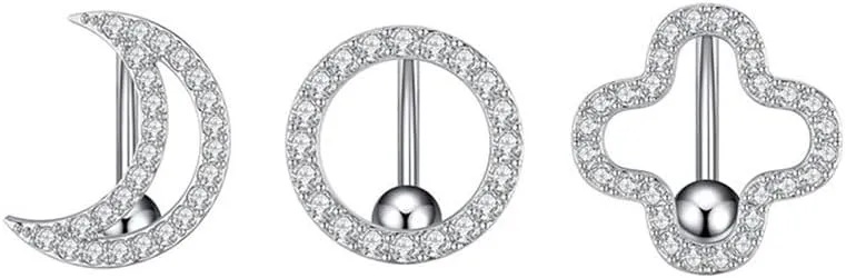 3Pcs 14G Stainless Steel Reversed Belly Button Rings for Women CZ Moon Round Four Leaf Clover Belly Navel Rings Belly Piercing Jewelry