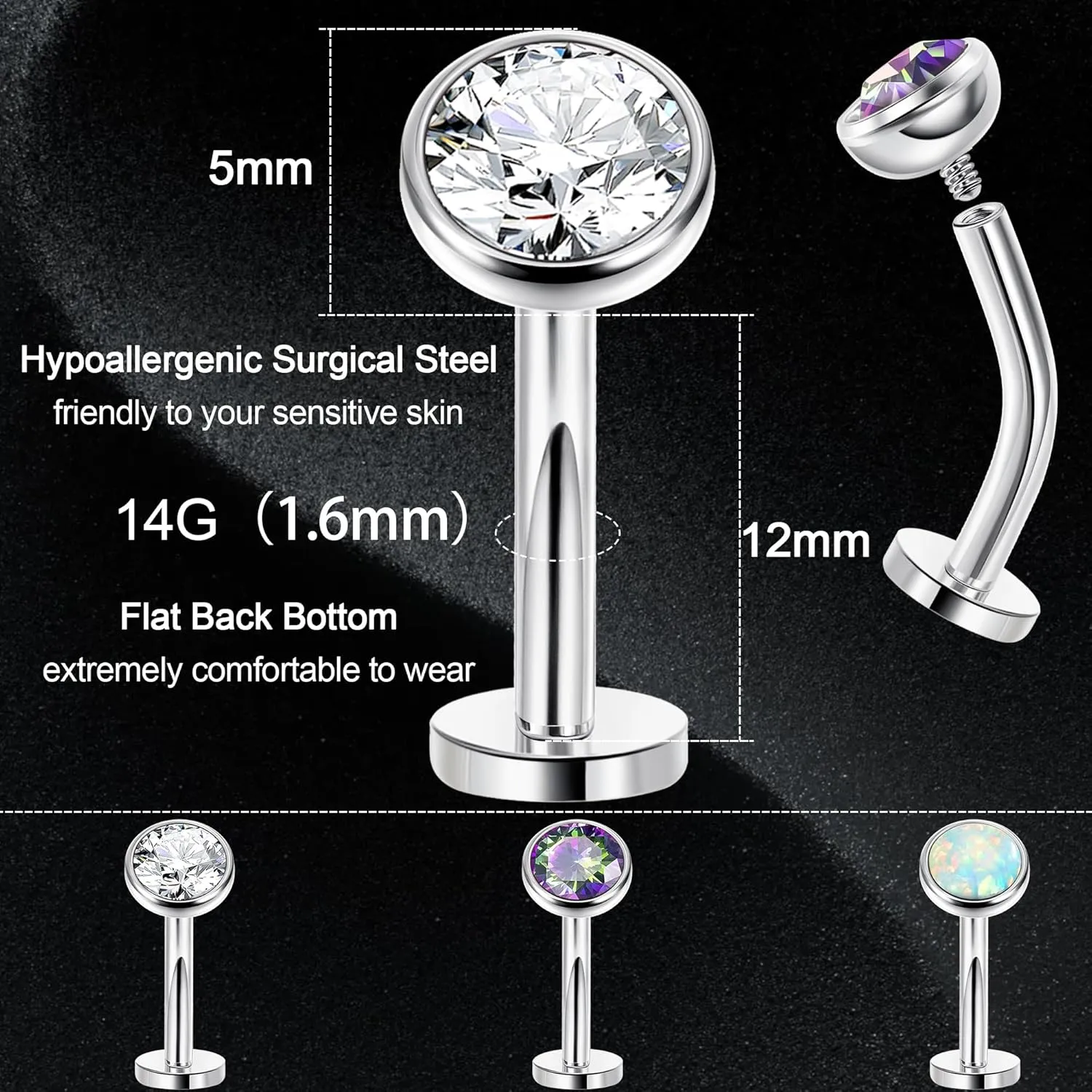 3Pcs 14G Surgical Steel Belly Button Rings for Women Floating Belly Rings Flat Back Belly Piercing Convex Base CZ Navel Rings Curved Barbell Internally Threaded Navel Belly Piercing Jewelry