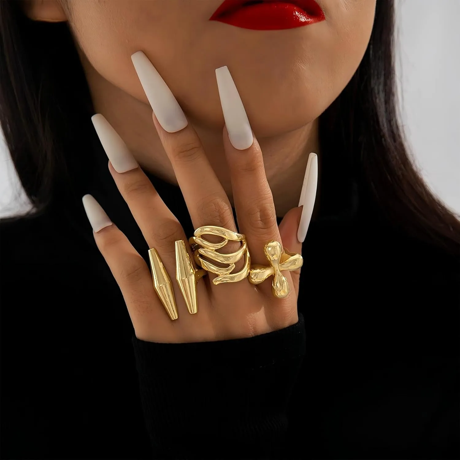 3Pcs Chunky Rings for Women Open Stacking Knuckle Ring Gold Rings Set Silver Stacking Rings Adjustable Irregular Geometric Stackable Rings Promise Statement Wedding Birthday Jewelry