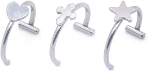3Pcs Fake Lip Rings for Women 16G T-Shaped Heart Star Cross Non-Piercing Cartilage Nose Rings Stainless Steel Clip Hoops Body Jewelry