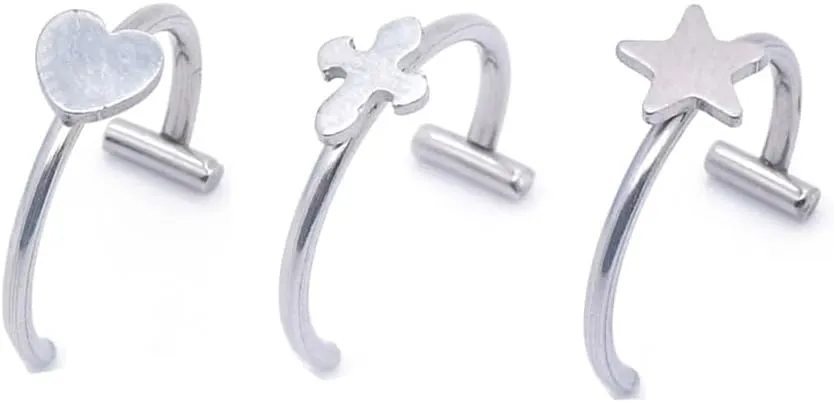 3Pcs Fake Lip Rings for Women 16G T-Shaped Heart Star Cross Non-Piercing Cartilage Nose Rings Stainless Steel Clip Hoops Body Jewelry