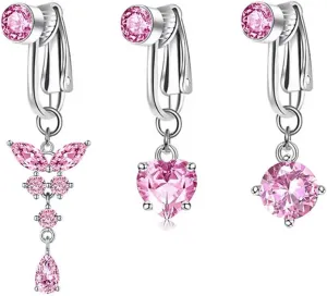 3Pcs Pink Butterfly Heart Round Fake Belly Button Rings for Women Stainless Steel Non Piercing Clip On Belly Navel Rings Fake Belly Piercing Jewelry, One Size, agate