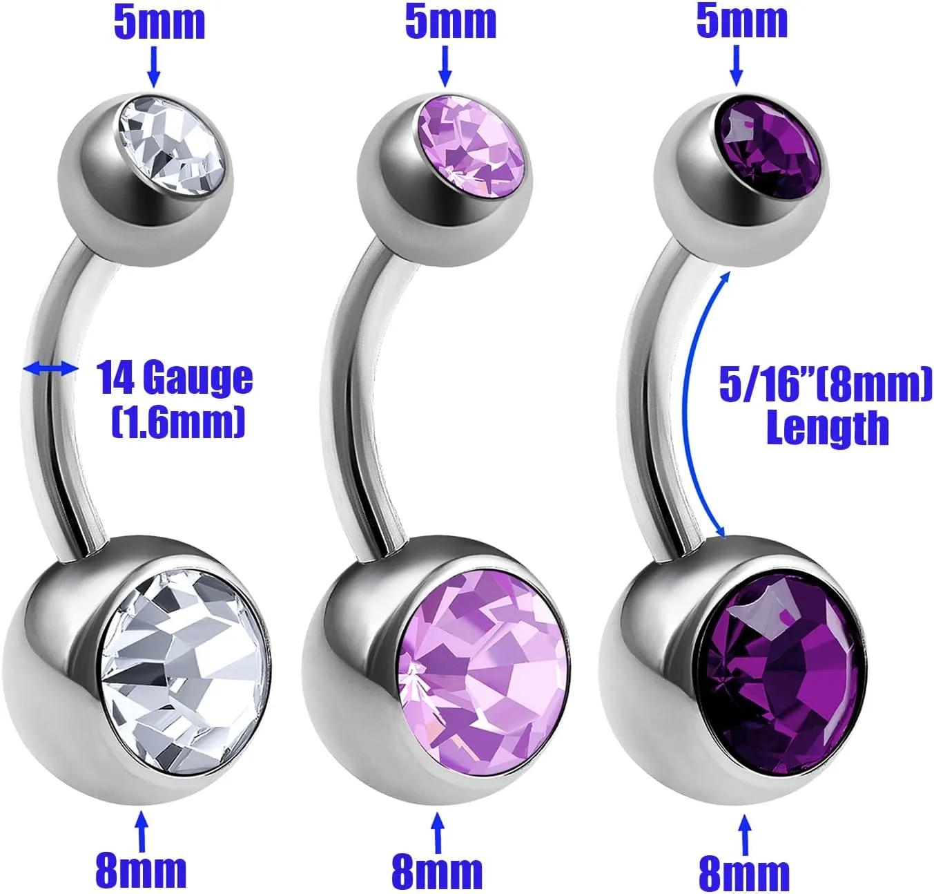 3Pcs Titanium G23 14g Belly Button Rings Piercing Jewelry navel Ear Lobe Earring 8mm 5mm Crystal Ball More Choices