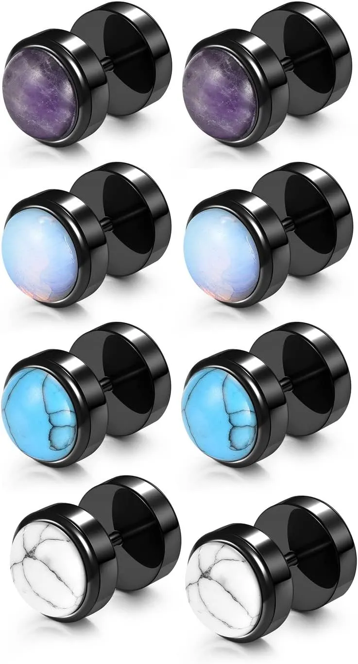 4 Pairs Mens Fake Gauges Stud Earrings Set Stainless Steel Ear Piercing Faux Cheater Illusion Plugs Tunnel Flat Back Stud Earrings for Men Women 00G Gauge Look