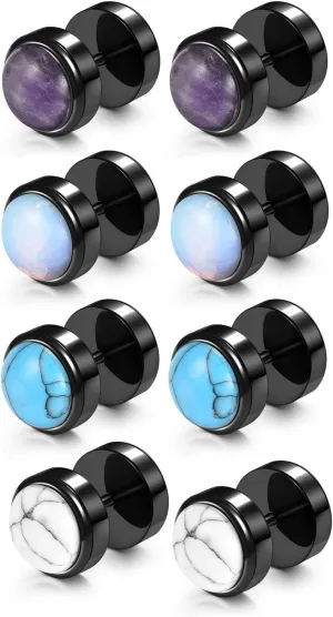 4 Pairs Mens Fake Gauges Stud Earrings Set Stainless Steel Ear Piercing Faux Cheater Illusion Plugs Tunnel Flat Back Stud Earrings for Men Women 00G Gauge Look