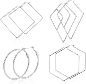 4 Pairs Stainless Steel Geometric Hexagon Round Square Thin Hoop Earrings for Women Jewelry Set