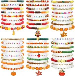 48pcs Festive Bracelets Set - Colorful Friendship Adjustable Clay Bead Bracelets - Thanksgiving Day & Halloween Themed - Women's Gift Party Supplies