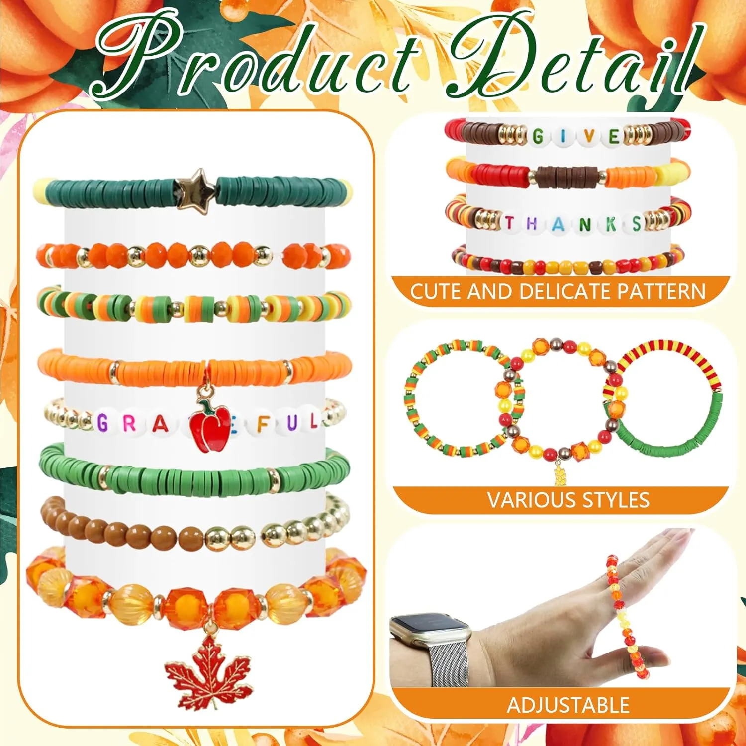 48pcs Festive Bracelets Set - Colorful Friendship Adjustable Clay Bead Bracelets - Thanksgiving Day & Halloween Themed - Women's Gift Party Supplies