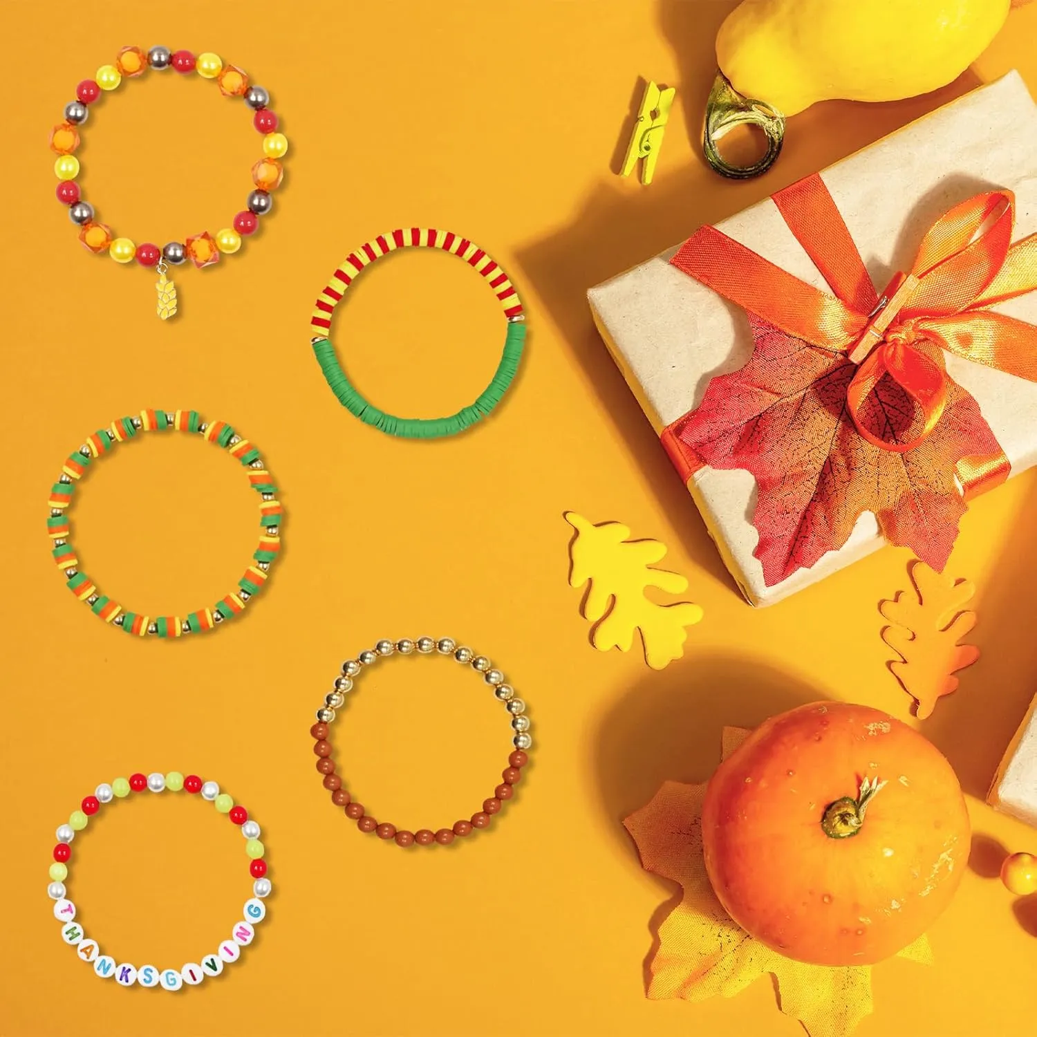 48pcs Festive Bracelets Set - Colorful Friendship Adjustable Clay Bead Bracelets - Thanksgiving Day & Halloween Themed - Women's Gift Party Supplies