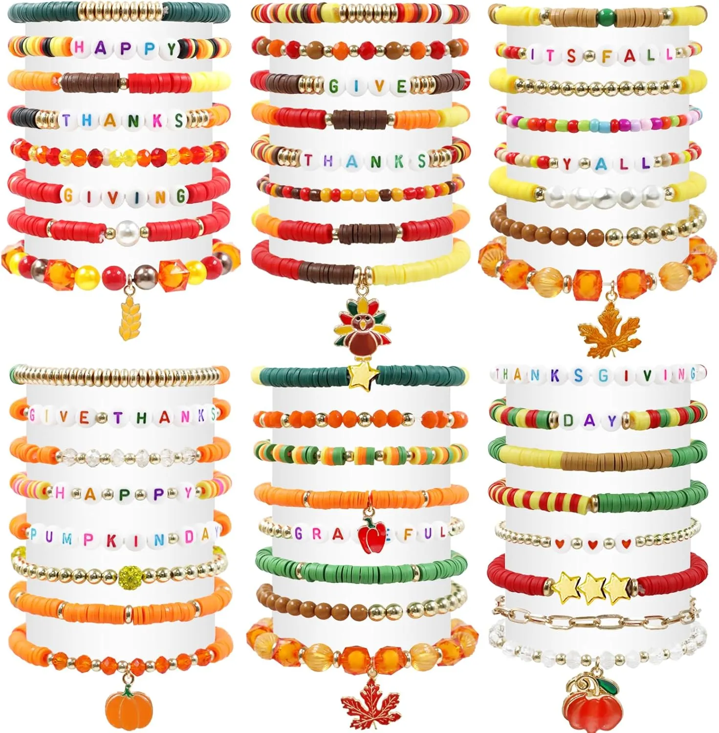 48pcs Festive Bracelets Set - Colorful Friendship Adjustable Clay Bead Bracelets - Thanksgiving Day & Halloween Themed - Women's Gift Party Supplies