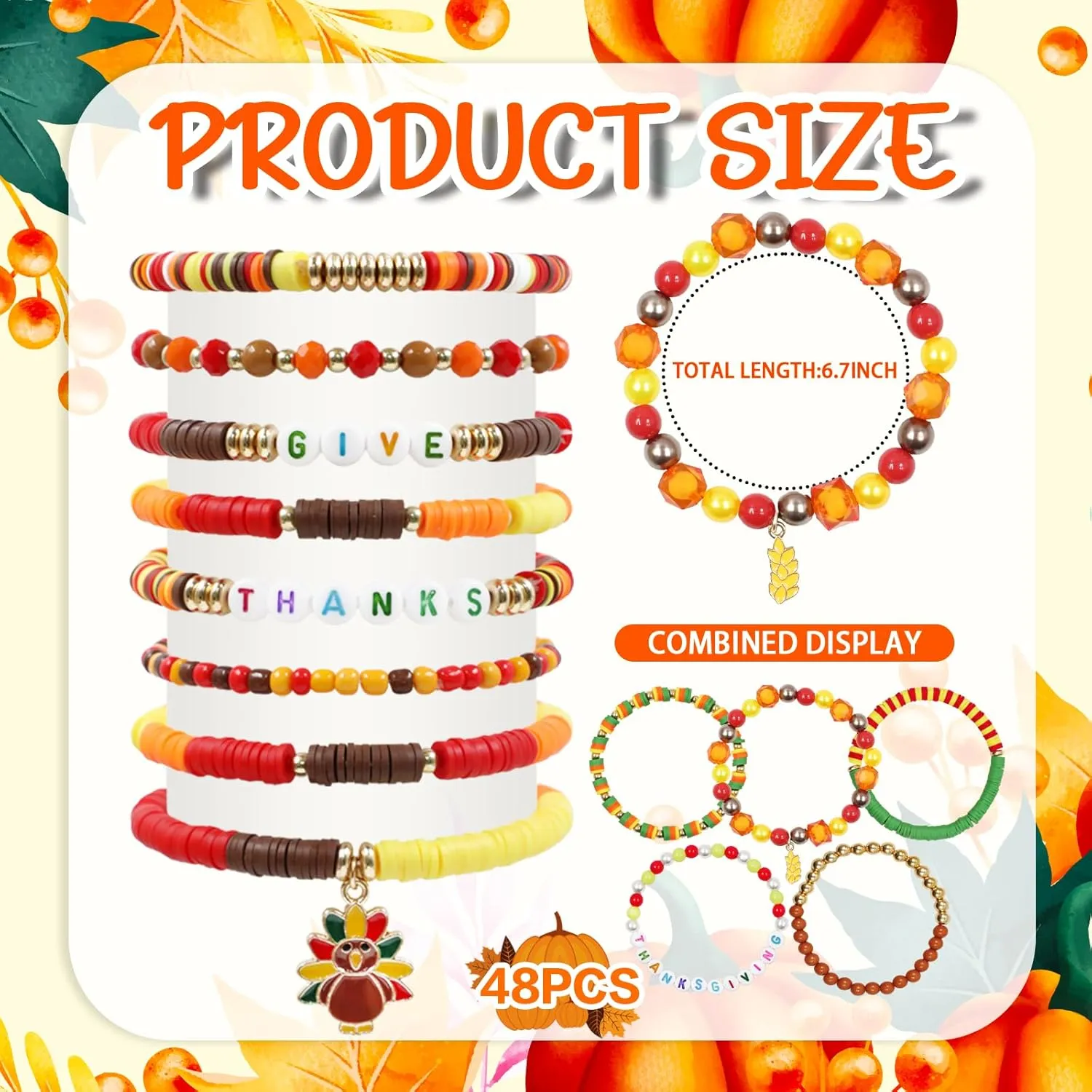 48pcs Festive Bracelets Set - Colorful Friendship Adjustable Clay Bead Bracelets - Thanksgiving Day & Halloween Themed - Women's Gift Party Supplies