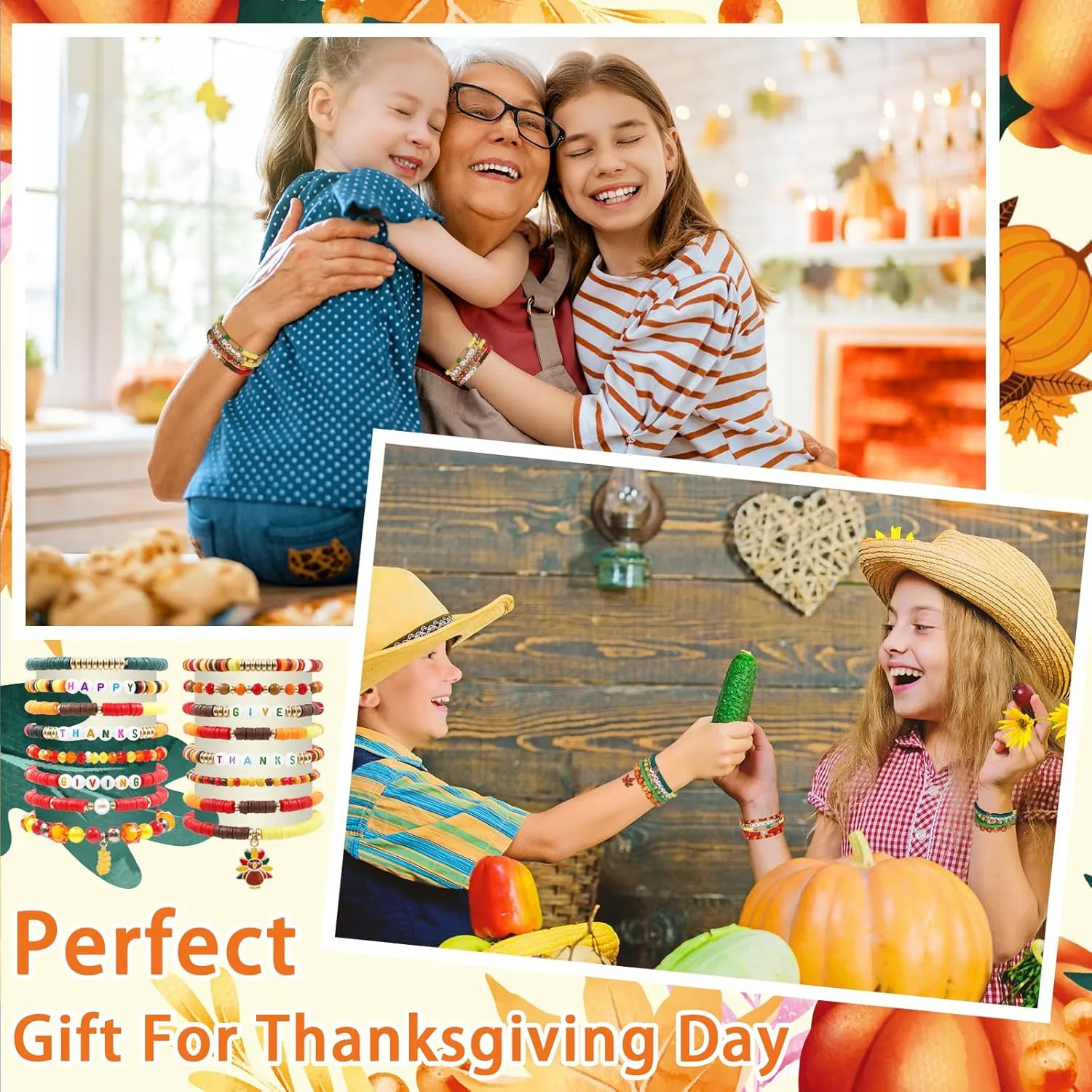 48pcs Festive Bracelets Set - Colorful Friendship Adjustable Clay Bead Bracelets - Thanksgiving Day & Halloween Themed - Women's Gift Party Supplies