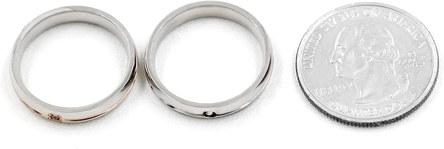 4MM Black & Rose Gold Line Wedding Promise Rings Round CZ Stainless Steel Band Couples Ring for Him and Her