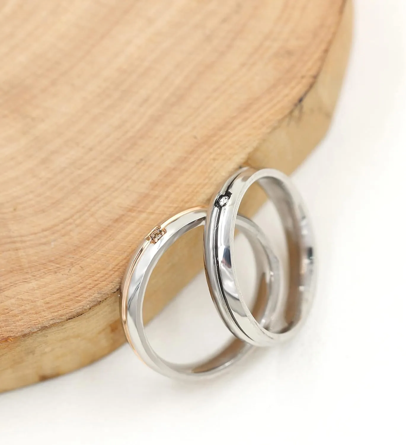 4MM Black & Rose Gold Line Wedding Promise Rings Round CZ Stainless Steel Band Couples Ring for Him and Her