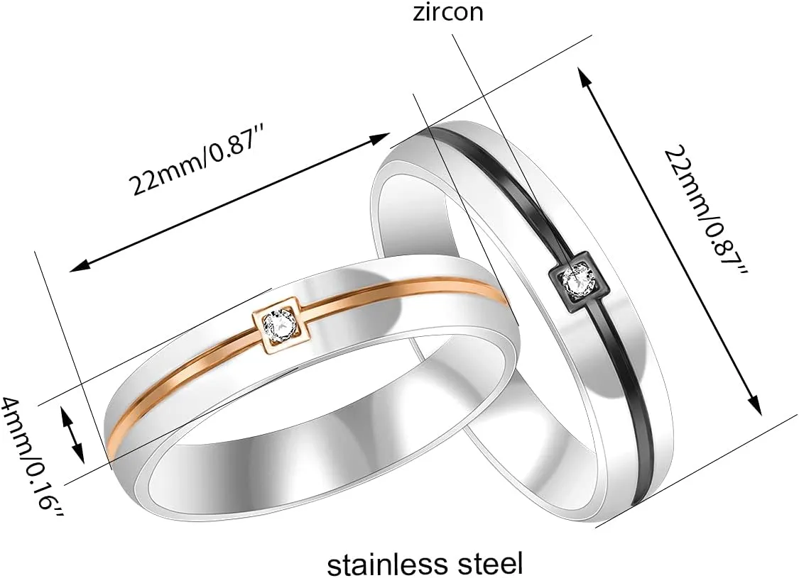 4MM Black & Rose Gold Line Wedding Promise Rings Round CZ Stainless Steel Band Couples Ring for Him and Her