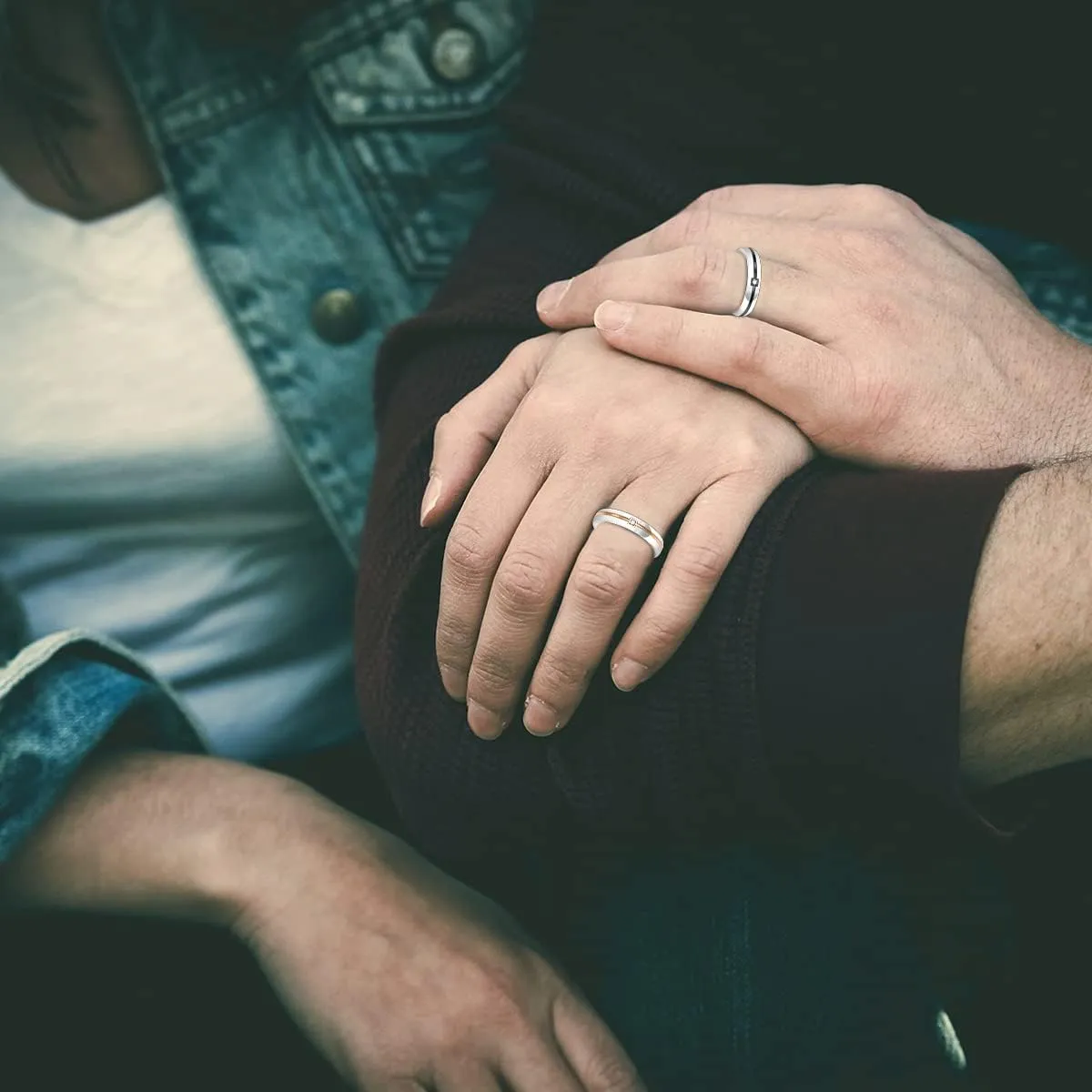 4MM Black & Rose Gold Line Wedding Promise Rings Round CZ Stainless Steel Band Couples Ring for Him and Her