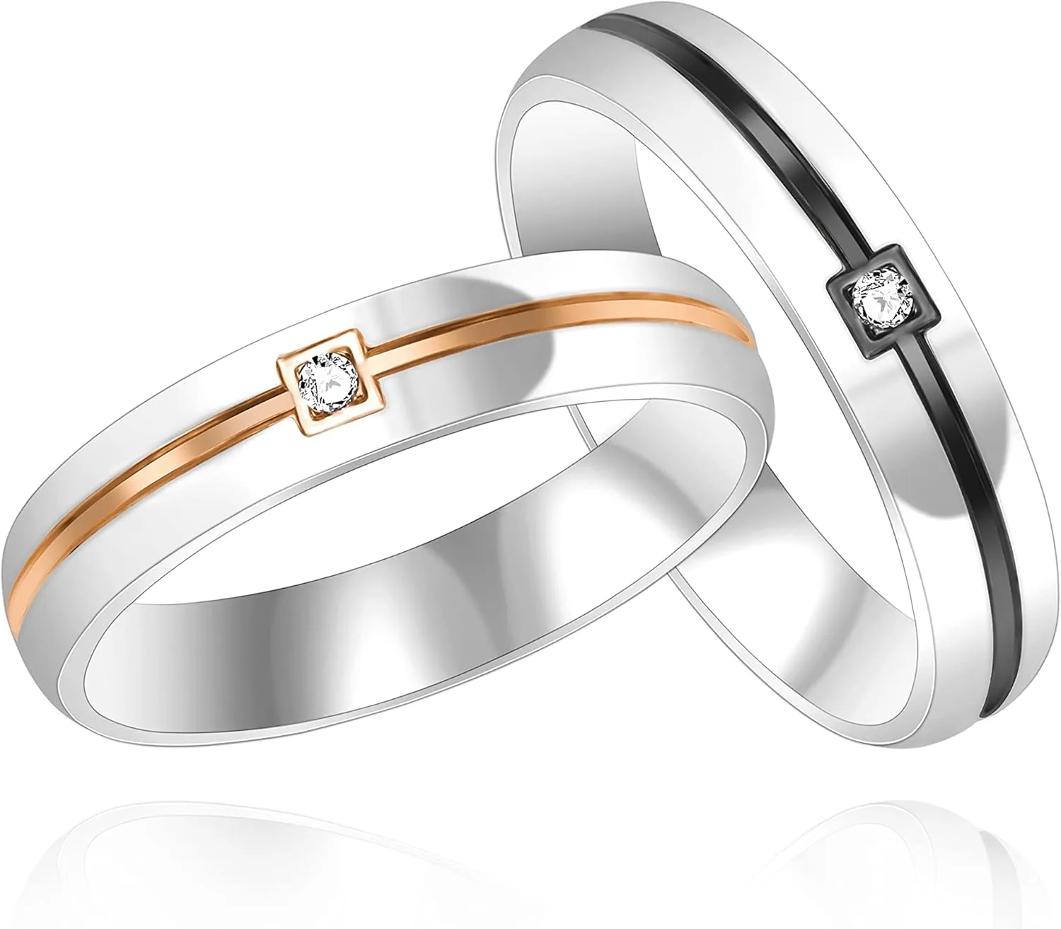 4MM Black & Rose Gold Line Wedding Promise Rings Round CZ Stainless Steel Band Couples Ring for Him and Her