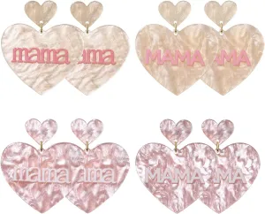 4Pairs Mother's Day Earrings for Girls Acrylic Heart Earrings Letter MAMA Heart Drop Dangle Earrings Mom Birthday Jewelry Gifts