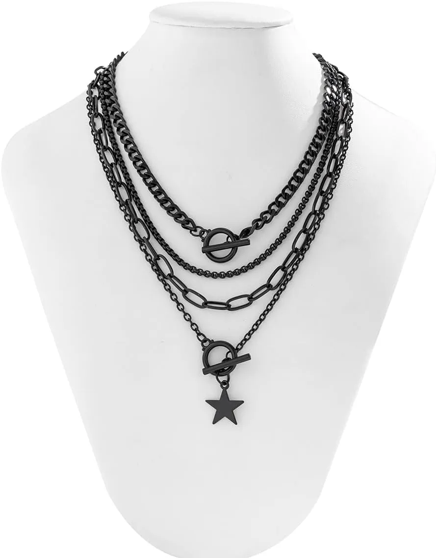 4Pcs Layered Chunky Gold/Black Necklaces Set for Women Gold Stacked Choker Heart Pendant Toggle Clasp Necklace Y2K Chunky Link Paperclip Chain Choker Necklaces for Women Gifts Party Jewelry