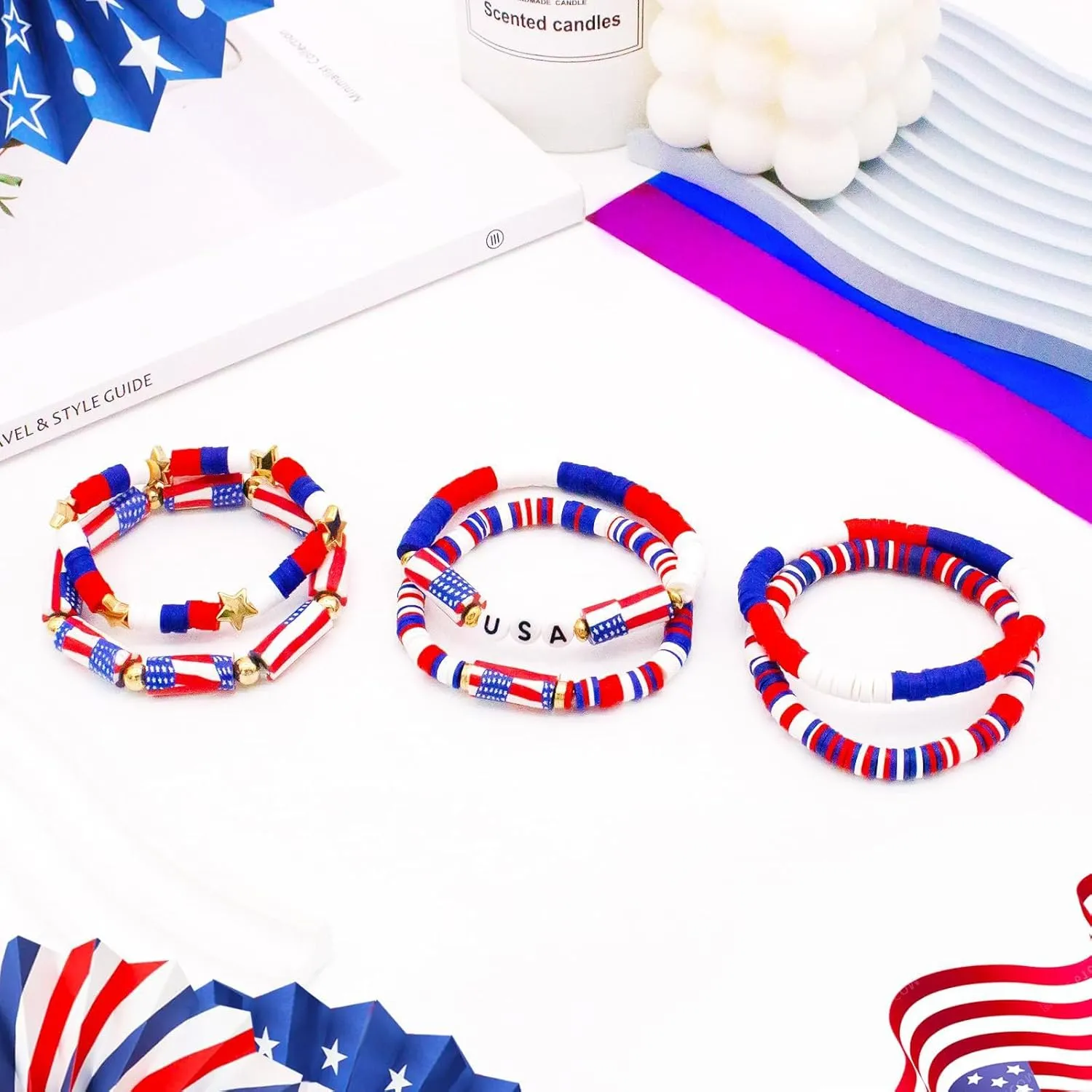 4th of July Heishi Bead Stretch Bracelets for Women Girls American Patriotic Bangle Gold Red White Blue Star Stackable Bracelet Independence Boho Summer Beach Memorial Day Gifts