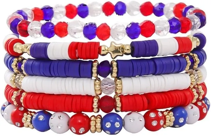 4th of July Heishi Bead Stretch Bracelets for Women Girls American Patriotic Bangle Gold Red White Blue Star Stackable Bracelet Independence Boho Summer Beach Memorial Day Gifts