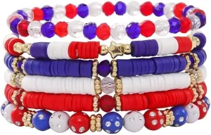 4th of July Heishi Bead Stretch Bracelets for Women Girls American Patriotic Bangle Gold Red White Blue Star Stackable Bracelet Independence Boho Summer Beach Memorial Day Gifts