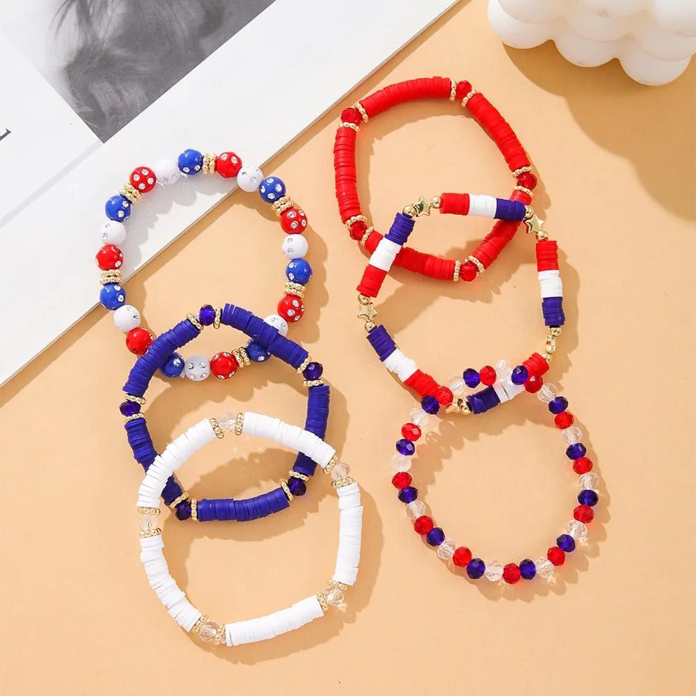 4th of July Heishi Bead Stretch Bracelets for Women Girls American Patriotic Bangle Gold Red White Blue Star Stackable Bracelet Independence Boho Summer Beach Memorial Day Gifts