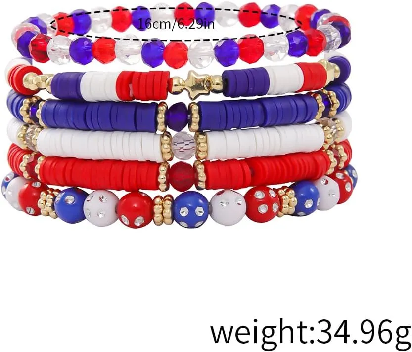 4th of July Heishi Bead Stretch Bracelets for Women Girls American Patriotic Bangle Gold Red White Blue Star Stackable Bracelet Independence Boho Summer Beach Memorial Day Gifts