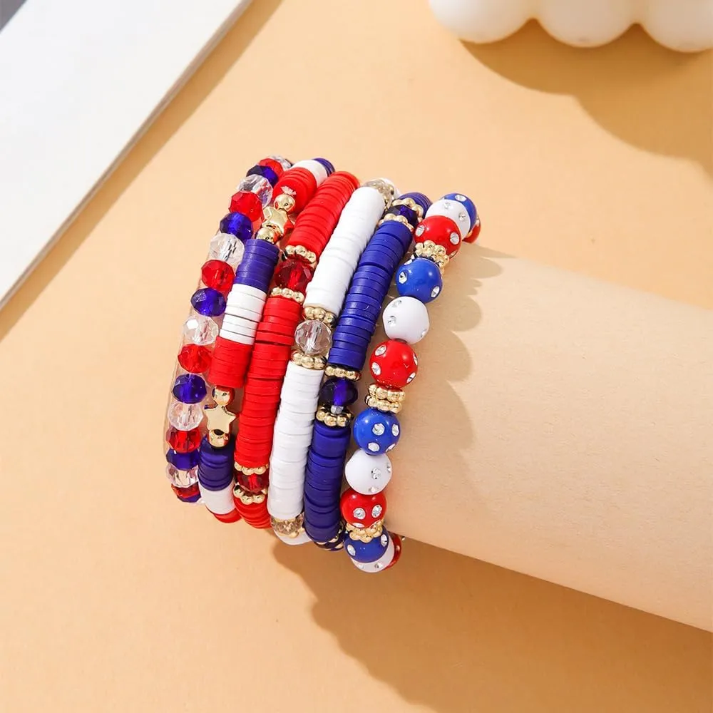 4th of July Heishi Bead Stretch Bracelets for Women Girls American Patriotic Bangle Gold Red White Blue Star Stackable Bracelet Independence Boho Summer Beach Memorial Day Gifts