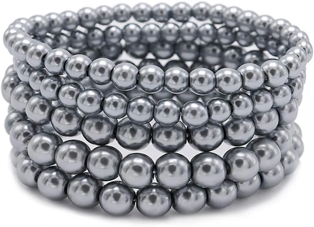 5 Pcs Faux Pearl Bracelet Set for Women Beaded Stretch Strand Bracelets for Bridesmaid,Bridal,Party Jewelry