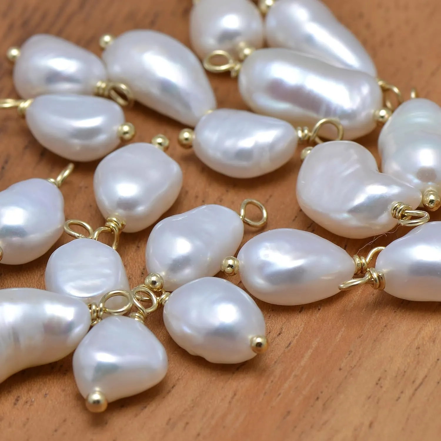 5 Pcs Handmade Baroque Pearl Charms Wire Wrapped Freshwater Pearls 8-10mm, Yellow Gold Tone