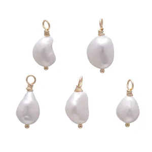 5 Pcs Handmade Baroque Pearl Charms Wire Wrapped Freshwater Pearls 8-10mm, Yellow Gold Tone