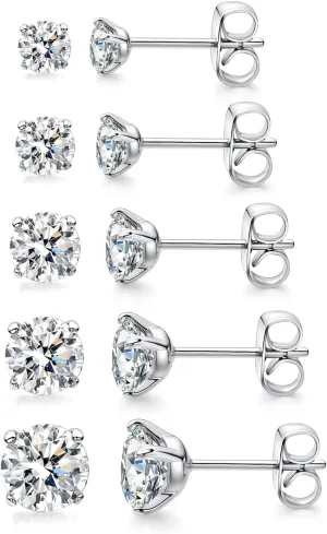 5/6 Pairs Stud Earrings Set Surgical Stainless Steel Hypoallergenic Earrings Cubic Zirconia 316L Round CZ Studs for Women and Men 3-8mm