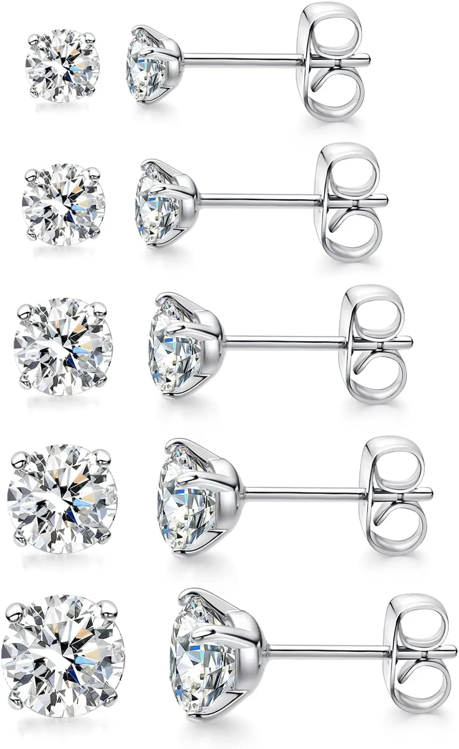 5/6 Pairs Stud Earrings Set Surgical Stainless Steel Hypoallergenic Earrings Cubic Zirconia 316L Round CZ Studs for Women and Men 3-8mm