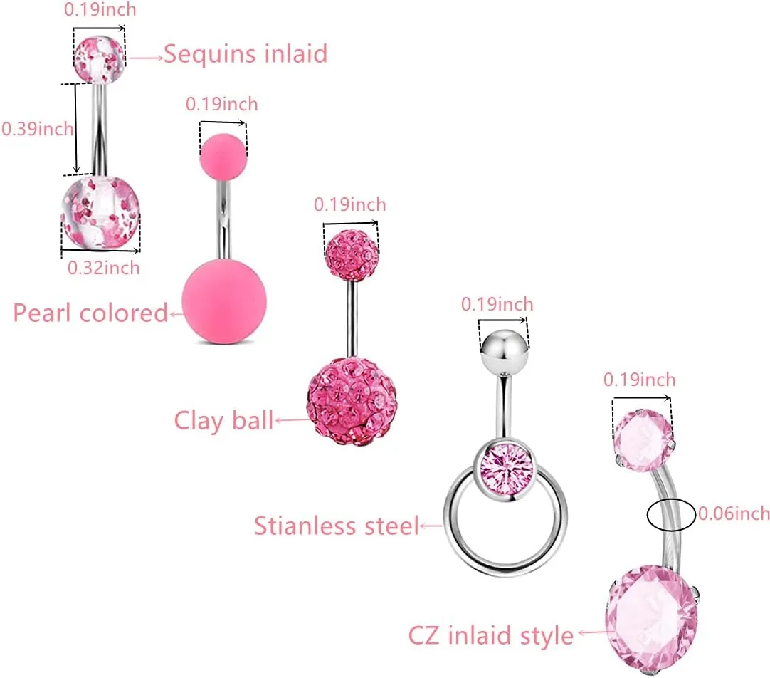 5pcs 14G Stainless Steel Belly Button Rings Navel Rings CZ Curved Barbell Piercing Belly Rings for Women
