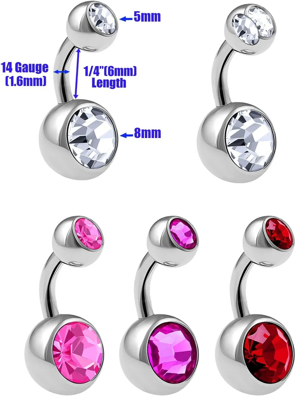 5Pcs Steel 14g 1/4 6mm Belly Button Rings Piercing Jewelry navel Ear Lobe Earring 8mm 5mm Crystal Ball More Choices