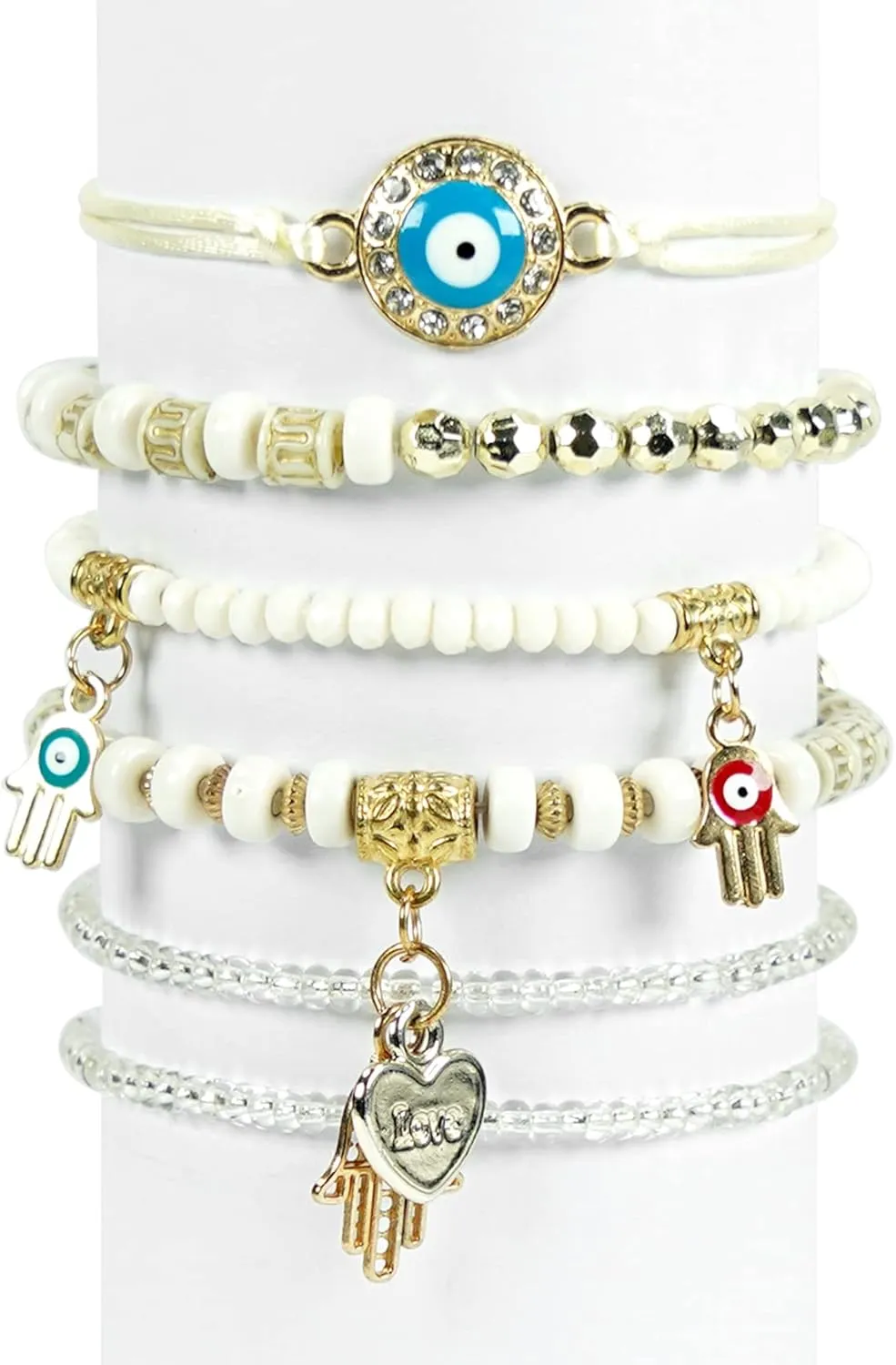 5Pcs/Set Bohemian Stretch Beaded Bracelets Multi Layer Evil Eye Hand Bracelet Bohemian Stretch Stackable Handmade Multi Color Lucky Beads Bracelets