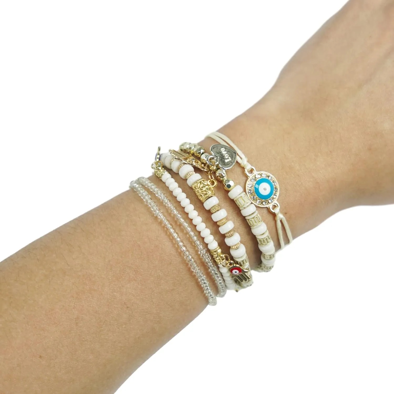 5Pcs/Set Bohemian Stretch Beaded Bracelets Multi Layer Evil Eye Hand Bracelet Bohemian Stretch Stackable Handmade Multi Color Lucky Beads Bracelets