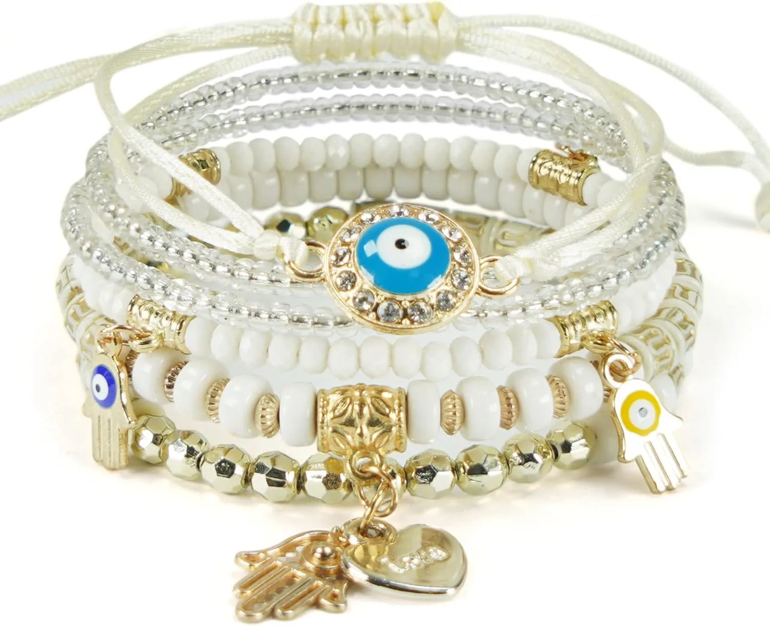 5Pcs/Set Bohemian Stretch Beaded Bracelets Multi Layer Evil Eye Hand Bracelet Bohemian Stretch Stackable Handmade Multi Color Lucky Beads Bracelets