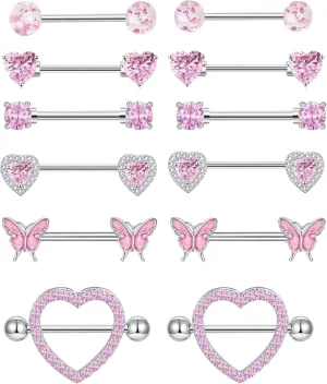 6 Pairs 14G Nipple Rings Stainless Steel Pink Heart Butterfly Flower CZ Barbell Tongue Rings Set Cute Nipplerings Piercing Jewelry for Women Body Piercing Jewelry