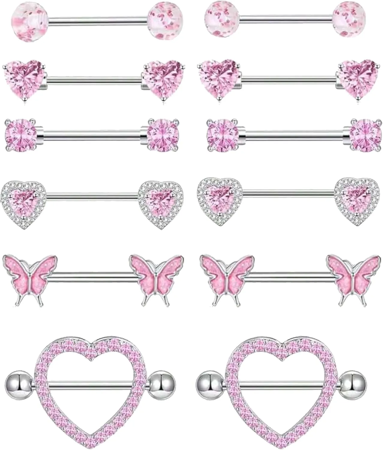 6 Pairs 14G Nipple Rings Stainless Steel Pink Heart Butterfly Flower CZ Barbell Tongue Rings Set Cute Nipplerings Piercing Jewelry for Women Body Piercing Jewelry
