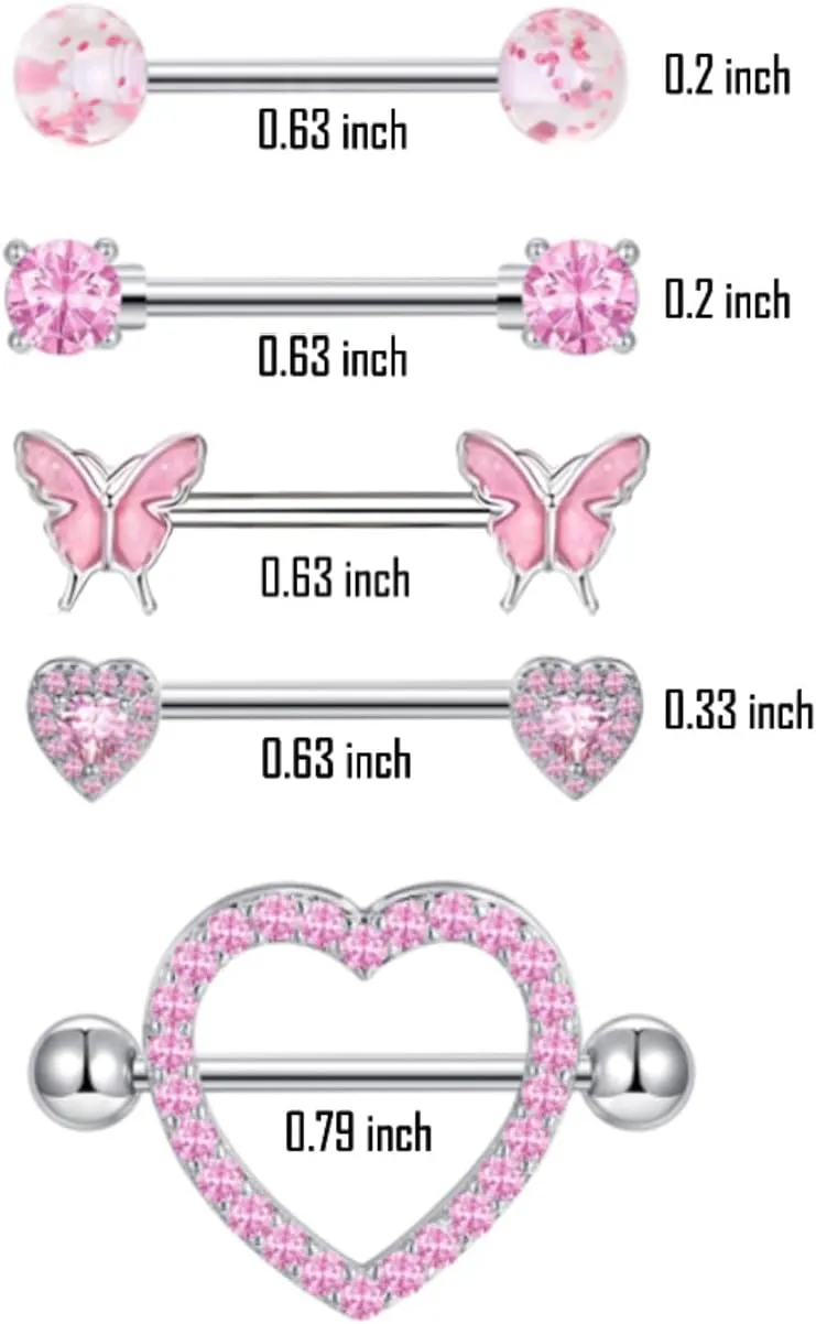 6 Pairs 14G Nipple Rings Stainless Steel Pink Heart Butterfly Flower CZ Barbell Tongue Rings Set Cute Nipplerings Piercing Jewelry for Women Body Piercing Jewelry