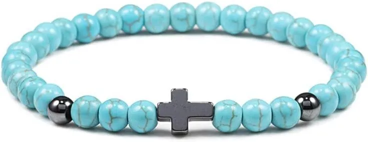 6mm 8mm Women Men Prayer Beaded Bracelet Hematite Cross Natural Wood Beads Lava Stone Onyx Meditation Bracelets Yoga Jewelry RK69I (6mm Blue)
