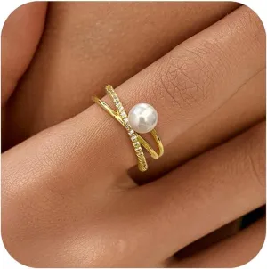 6mm Pearl Ring for Women Dainty X Criss Cross Gold Pearl Ring Stackable 925 Sterling Silver Cubic Zirconia Open Ring Promise Rings Birthday Christmas Jewelry Gifts for Her Mom