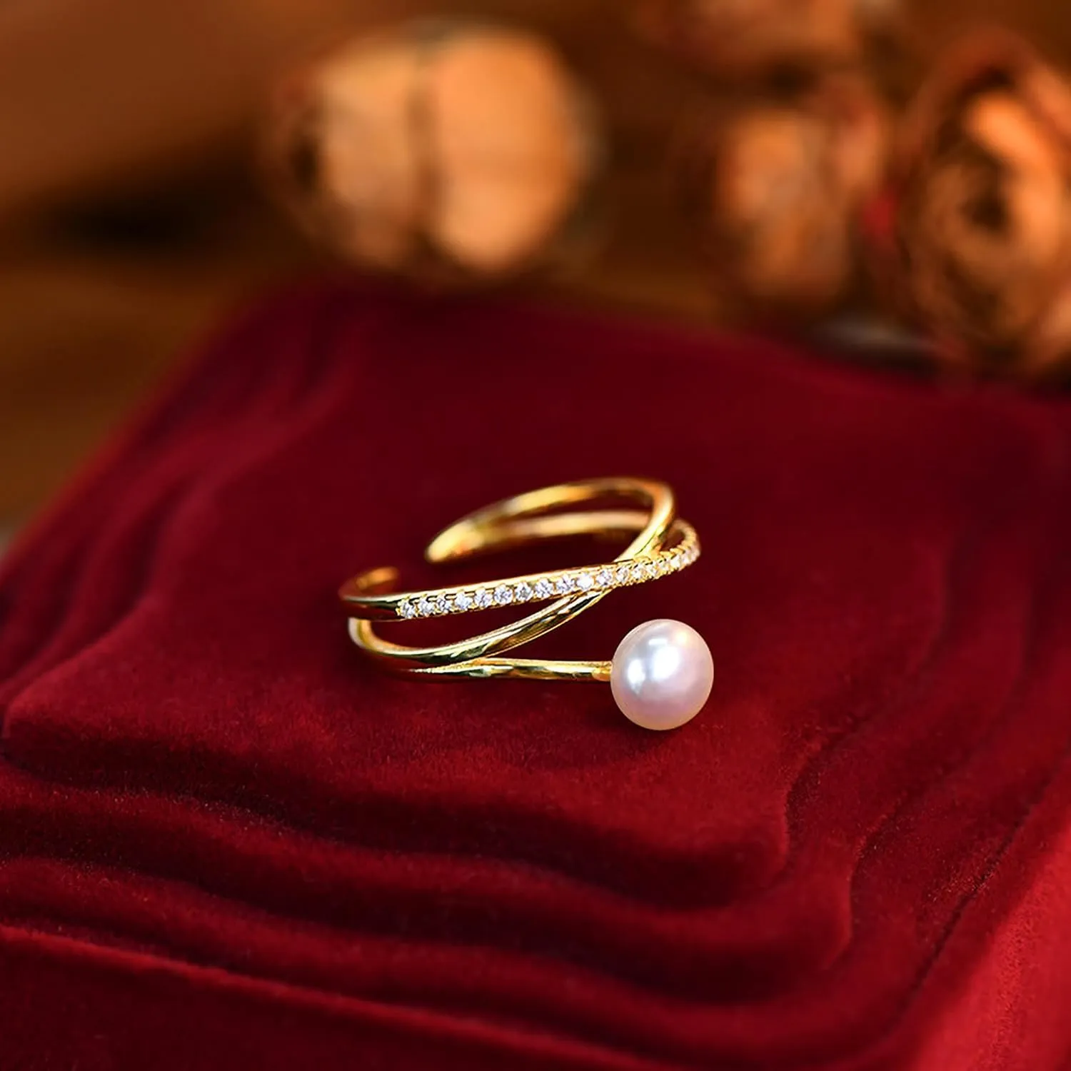 6mm Pearl Ring for Women Dainty X Criss Cross Gold Pearl Ring Stackable 925 Sterling Silver Cubic Zirconia Open Ring Promise Rings Birthday Christmas Jewelry Gifts for Her Mom