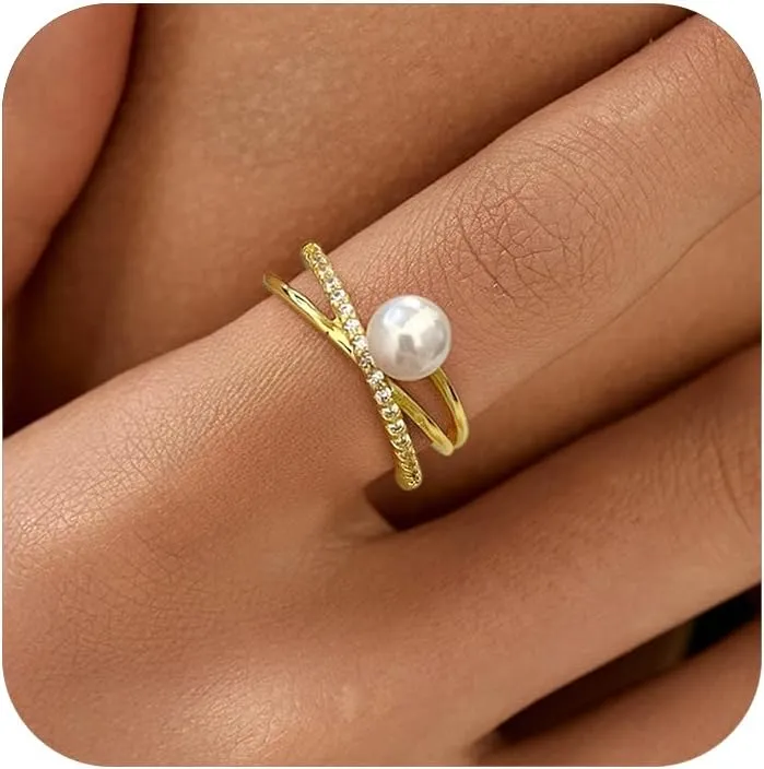 6mm Pearl Ring for Women Dainty X Criss Cross Gold Pearl Ring Stackable 925 Sterling Silver Cubic Zirconia Open Ring Promise Rings Birthday Christmas Jewelry Gifts for Her Mom