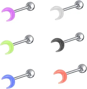 6Pcs 14G Moon Tongue Rings for Women Surgical Steel Acrylic Crescent Moon Tongue Studs Hypoallergenic Tongue Piercing Barbell Body Piercing Jewelry